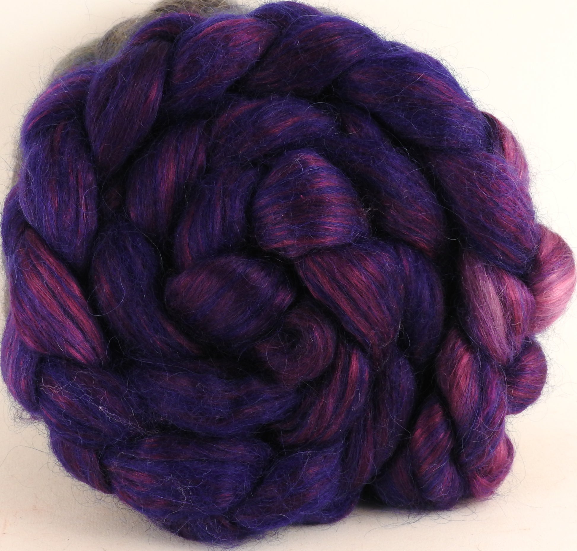 Hand-dyed wensleydale/ mulberry silk roving ( 65/35) - Damson Plum - (5.4 oz.) - Inglenook Fibers