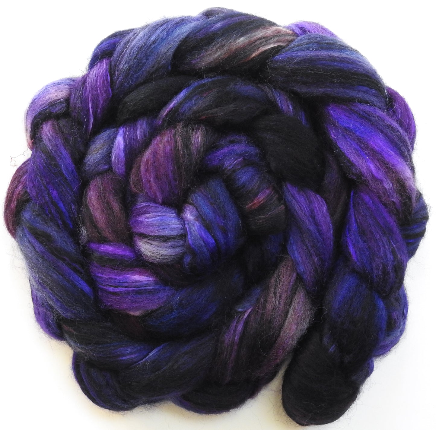 Purple People Eater (5.3 oz) - Batt in a Braid #55- Shetland/ Mulberry Silk/ Black Bamboo (50/25/25)
