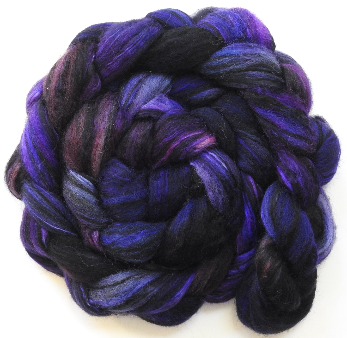 Purple People Eater (5.3 oz) - Batt in a Braid #55- Shetland/ Mulberry Silk/ Black Bamboo (50/25/25)