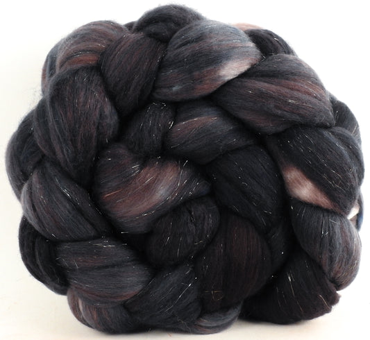 Licorice (5.4 oz) - Batt in a Braid #48 -Superfine Merino/ Mulberry silk/ Camel/ Gold Stellina (55/25/15/5)