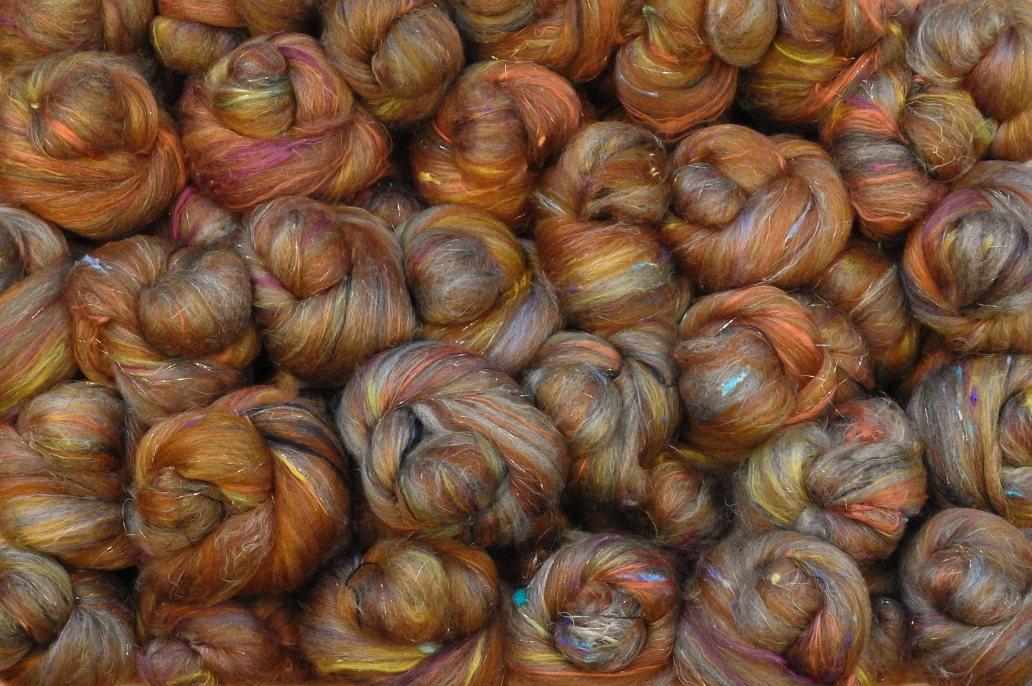 Gingersnap- Sparkle Sticklebatts - 30% RomeldaleX fleece; polwarth, merino, silk, bamboo,FLAX, silk noil, ANGELINA