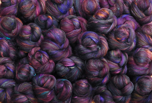 Eggplant- Sparkle Sticklebatts -( 4 oz) 30% Rambo/Merino/CormoX fleece; polwarth, merino, silk, bamboo, silk noil, ANGELINA