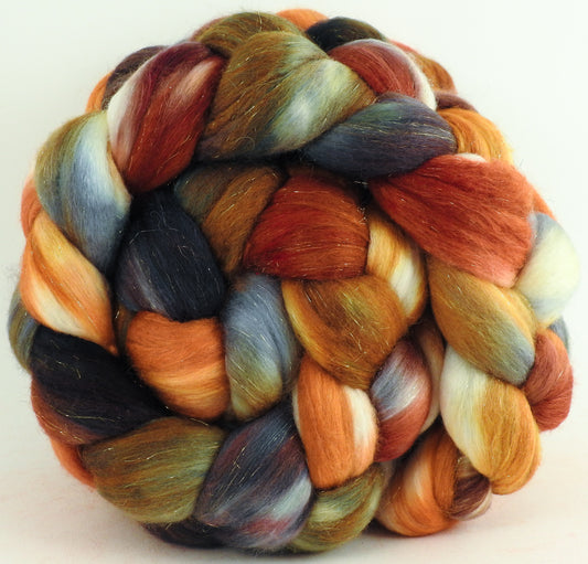 Nuts & Berries (5.3 oz) - Batt in a Braid #48 -Superfine Merino/ Mulberry silk/ Camel/ Gold Stellina (55/25/15/5)