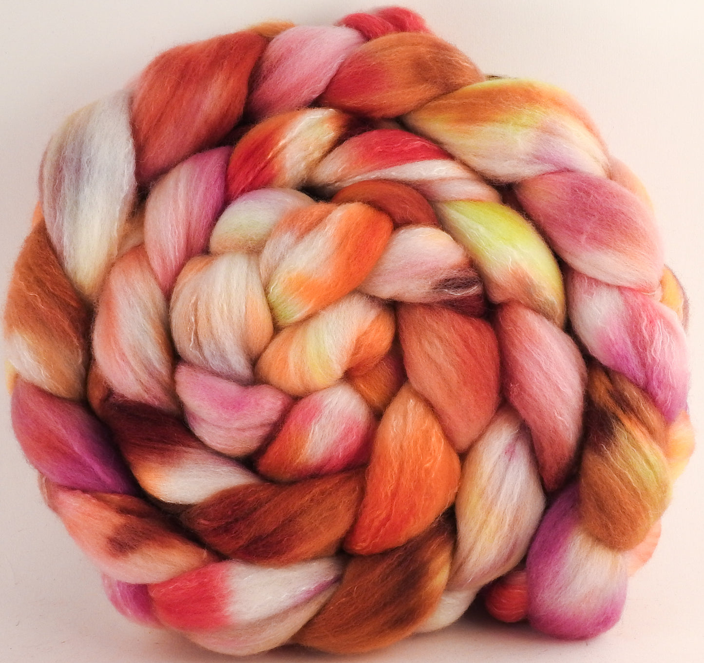 Hand dyed top for spinning -Petit Fours - (5.6 oz) Organic Polwarth / Tussah silk (80/20) - Inglenook Fibers