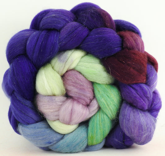 Fairy Wings (5.4 oz) - Batt in a Braid #48 -Superfine Merino/ Mulberry silk/ Camel/ Gold Stellina (55/25/15/5)