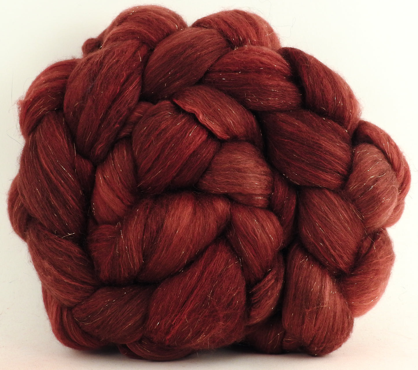 Sumac (5.2 oz) - Batt in a Braid #48 -Superfine Merino/ Mulberry silk/ Camel/ Gold Stellina (55/25/15/5)