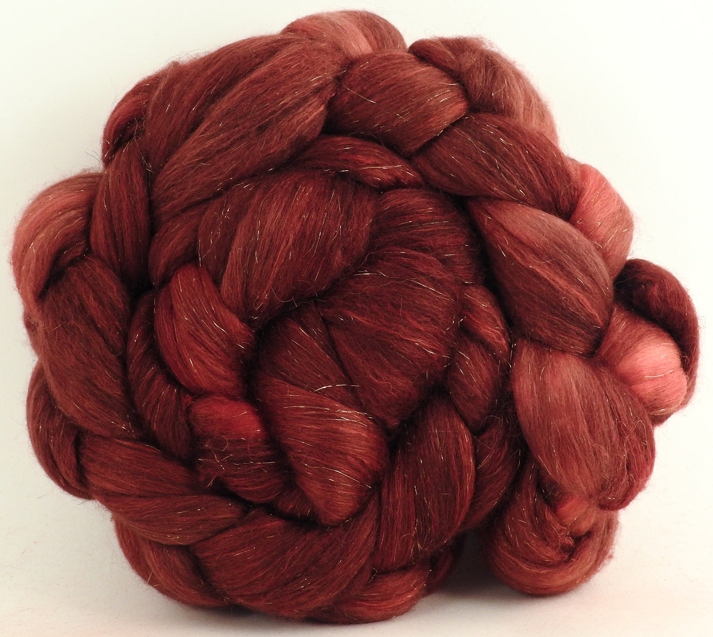 Sumac (5.2 oz) - Batt in a Braid #48 -Superfine Merino/ Mulberry silk/ Camel/ Gold Stellina (55/25/15/5)