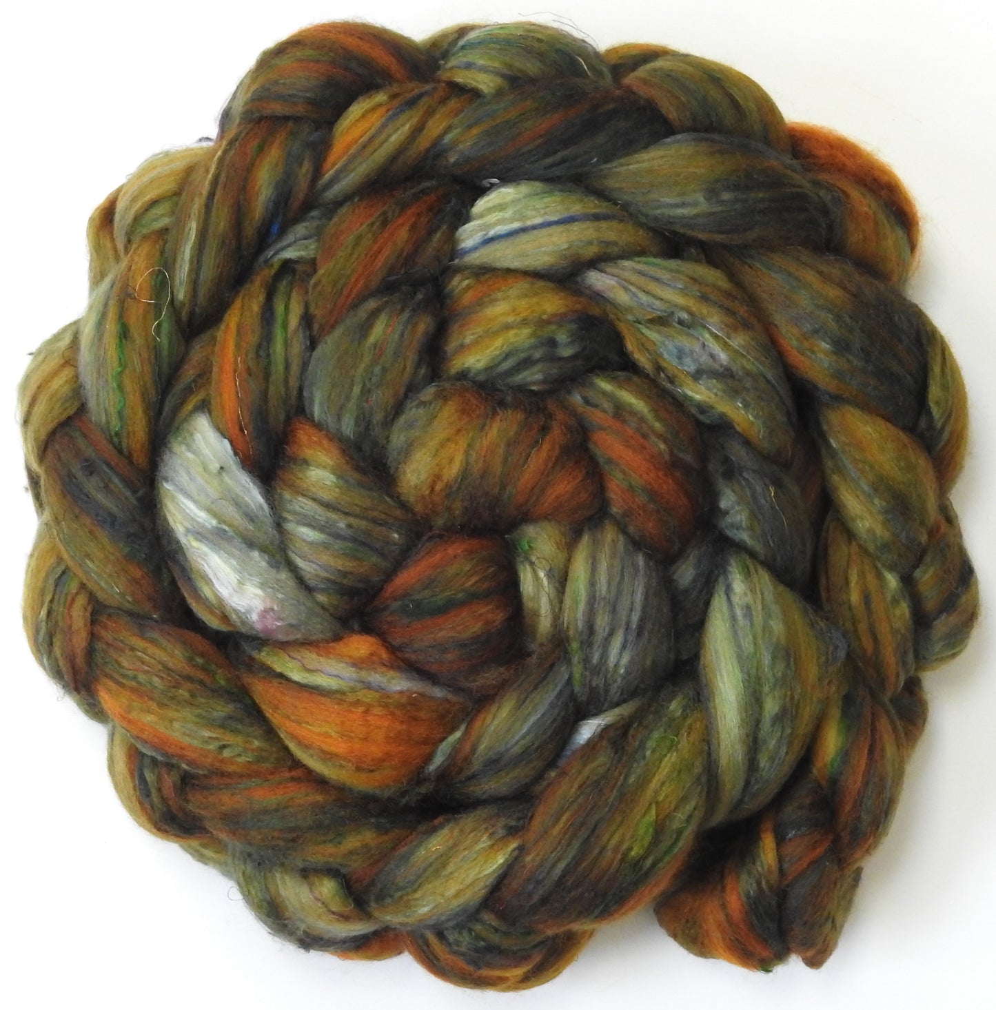 Bracken (5.6 oz) - Batt in a Braid #39ish - Falkland Merino/ Mulberry Silk / Sari Silk (60/25/15)