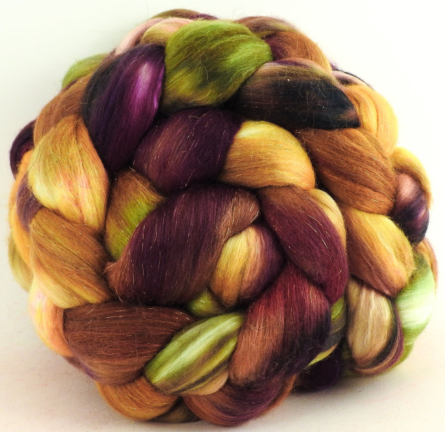 Leaf Pile (5.25 oz) - Batt in a Braid #48 -Superfine Merino/ Mulberry silk/ Camel/ Gold Stellina (55/25/15/5)