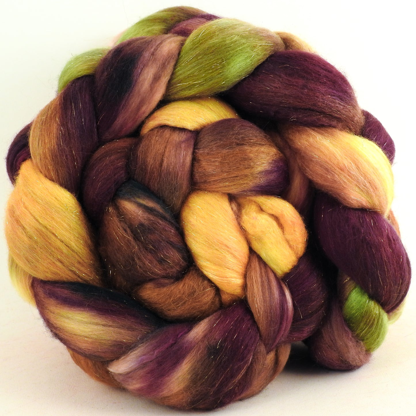 Leaf Pile (5.25 oz) - Batt in a Braid #48 -Superfine Merino/ Mulberry silk/ Camel/ Gold Stellina (55/25/15/5)