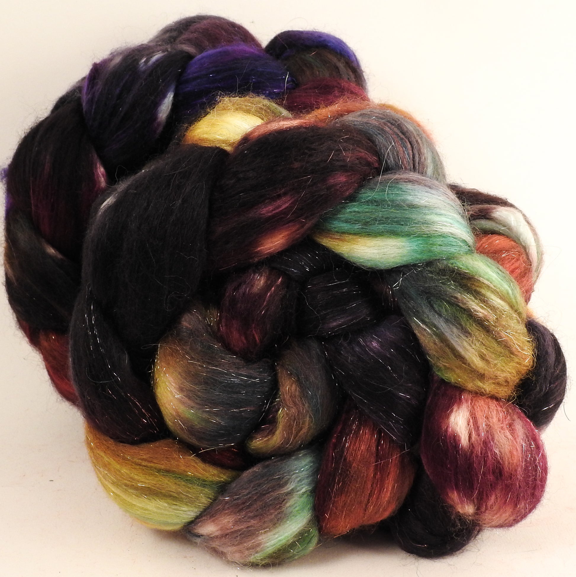 Batt in a Braid #41 - Nuummite - Llama / Merino ( 18 mic.)/ Mulberry silk/ Stellina (40/30/25/5) - Inglenook Fibers