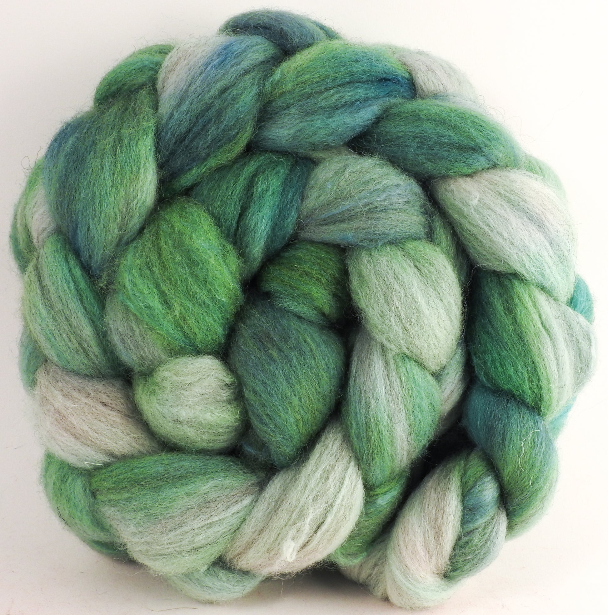 Batt in a Braid #27 - Seafoam -(5.4 oz.) Lt. Grey Shetland/ Falkland Merino / tussah silk (50/25/25) - Inglenook Fibers