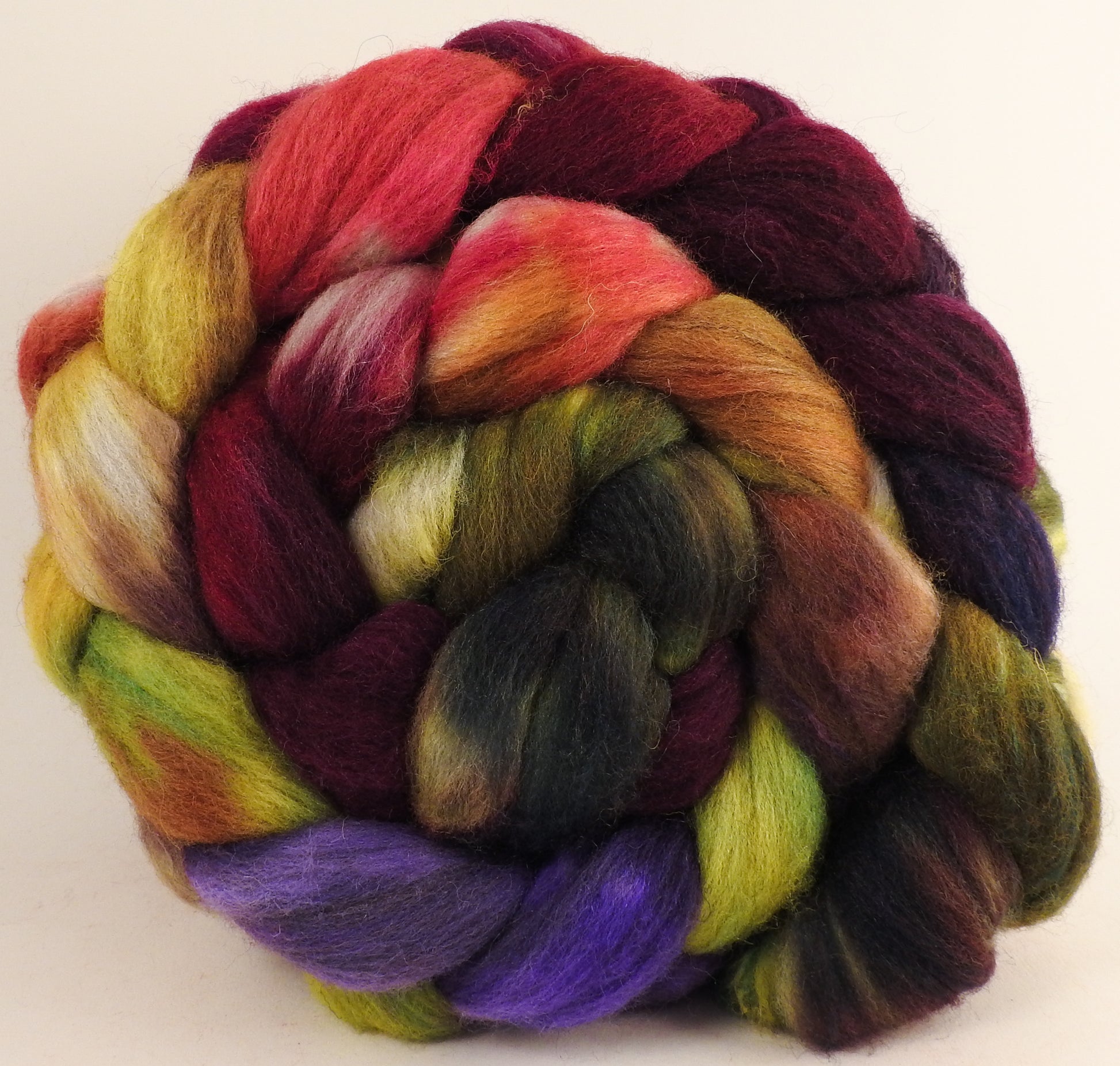 Batt in a Braid #27 - Coleus - Lt. Grey Shetland/ Falkland Merino / tussah silk (50/25/25) - Inglenook Fibers