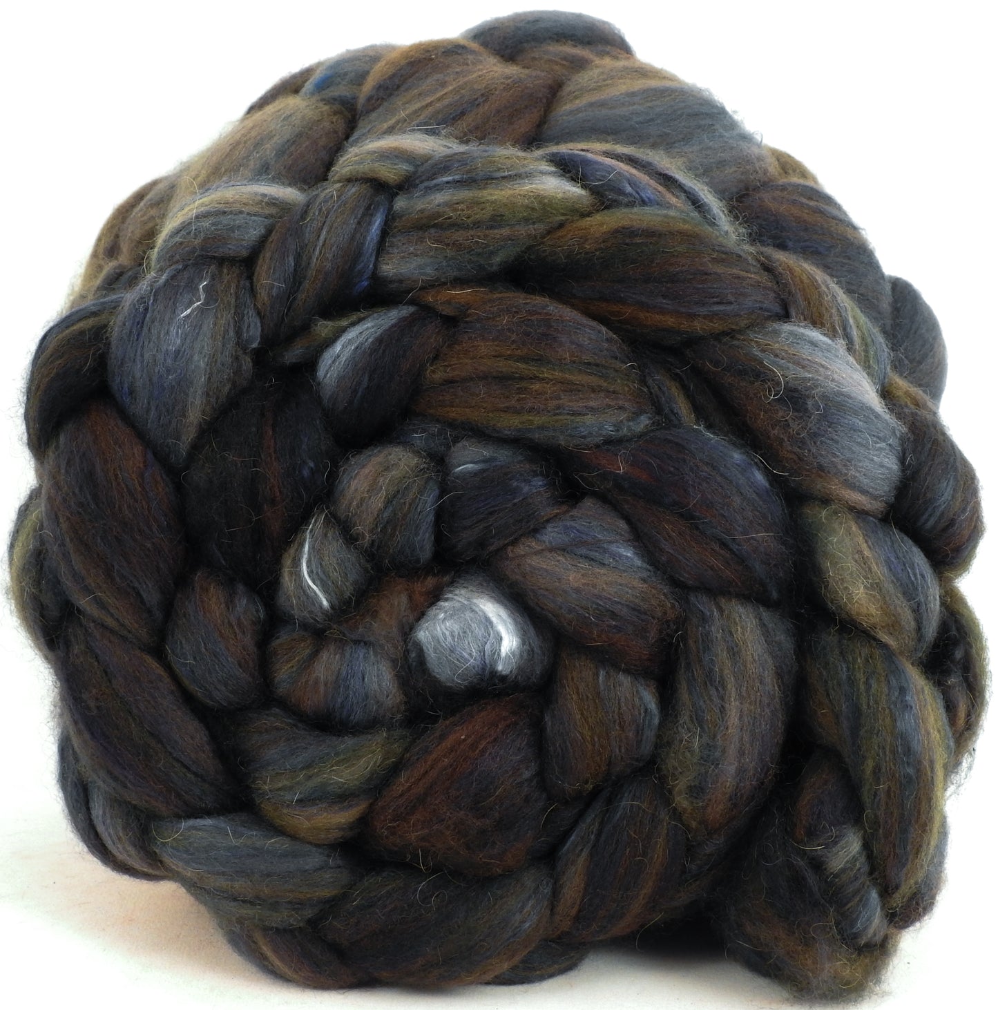 French Roast (6.4 oz )- Batt in a Braid #5- Merino/ Camel/ silk/ faux cashmere/ firestar (25/25/25/12/12)