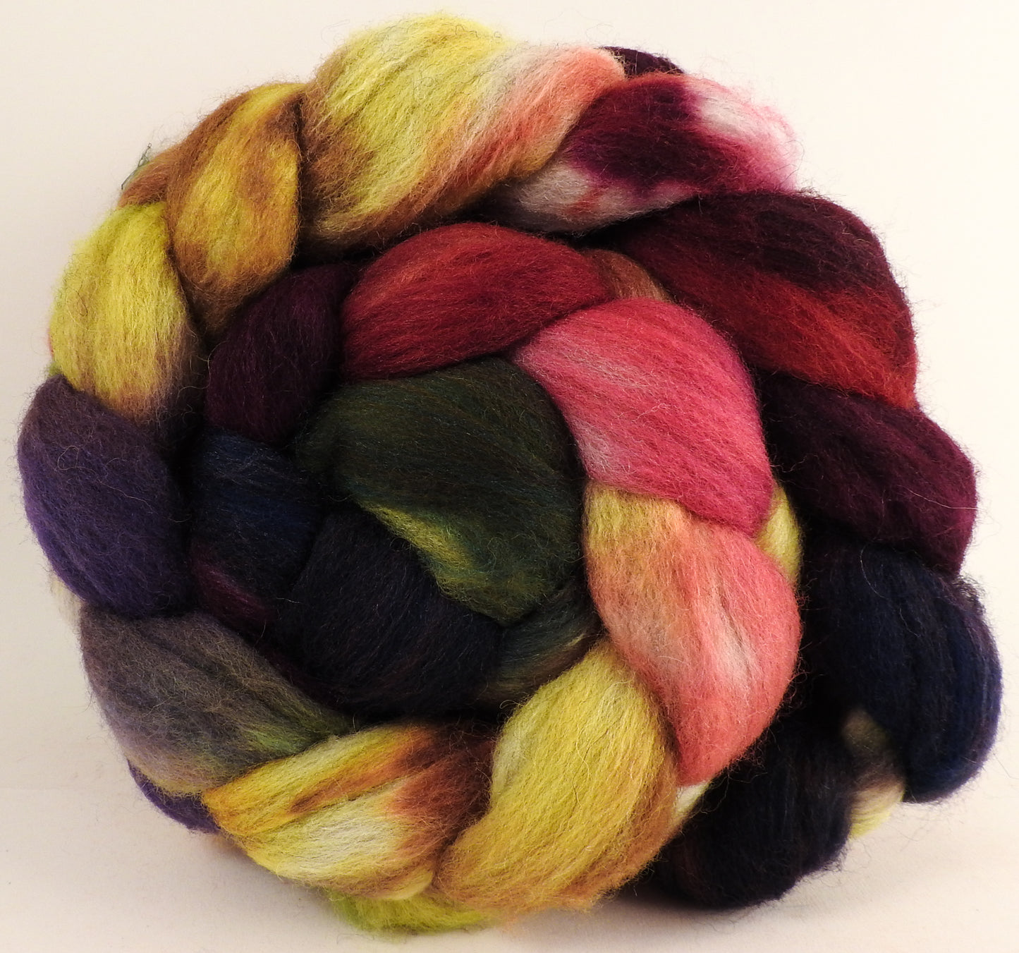 Batt in a Braid #27 - Coleus - Lt. Grey Shetland/ Falkland Merino / tussah silk (50/25/25) - Inglenook Fibers