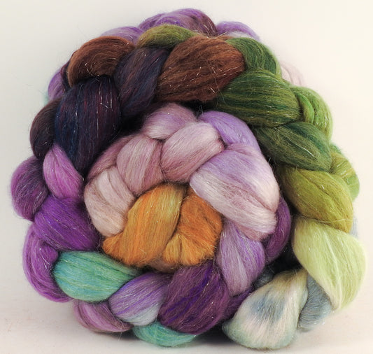 Batt in a Braid #41 - Asters - (5.2 oz.) Llama / Merino ( 18 mic.)/ Mulberry silk/ Stellina (40/30/25/5) - Inglenook Fibers