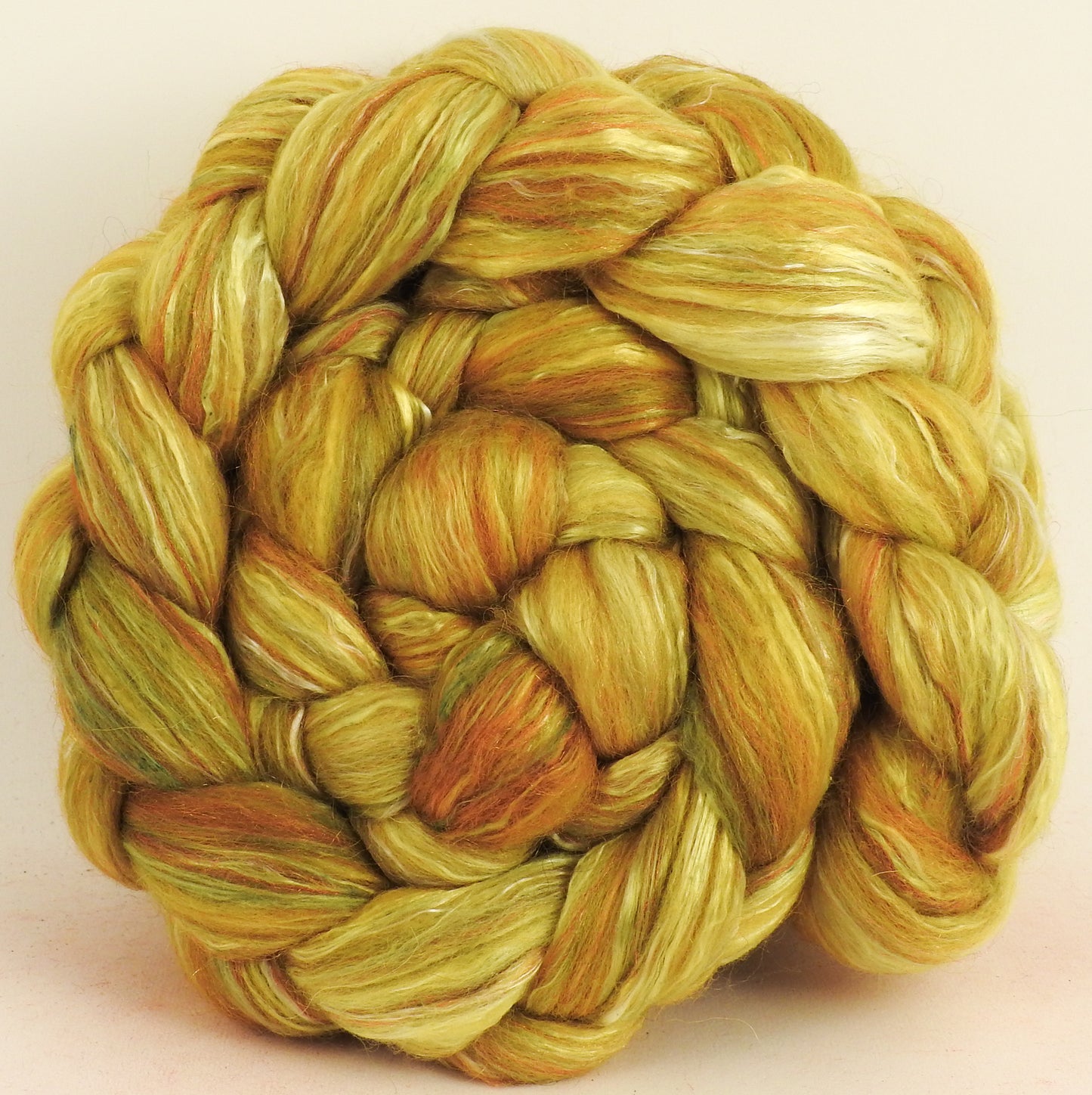 Sunflower (5.7 oz) - Batt in a Braid #31 - Polwarth/ Mulberry Silk / Baby Alpaca / Rainbow Firestar/ Tencel( 40/25/15/10/10)