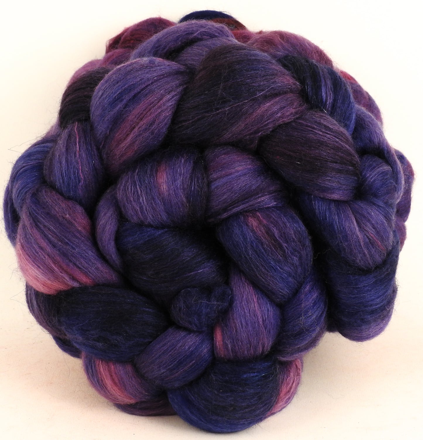 Damson Plum (4.2 oz) - Batt in a Braid #48 -Superfine Merino/ Mulberry silk/ Camel/ Gold Stellina (55/25/15/5)