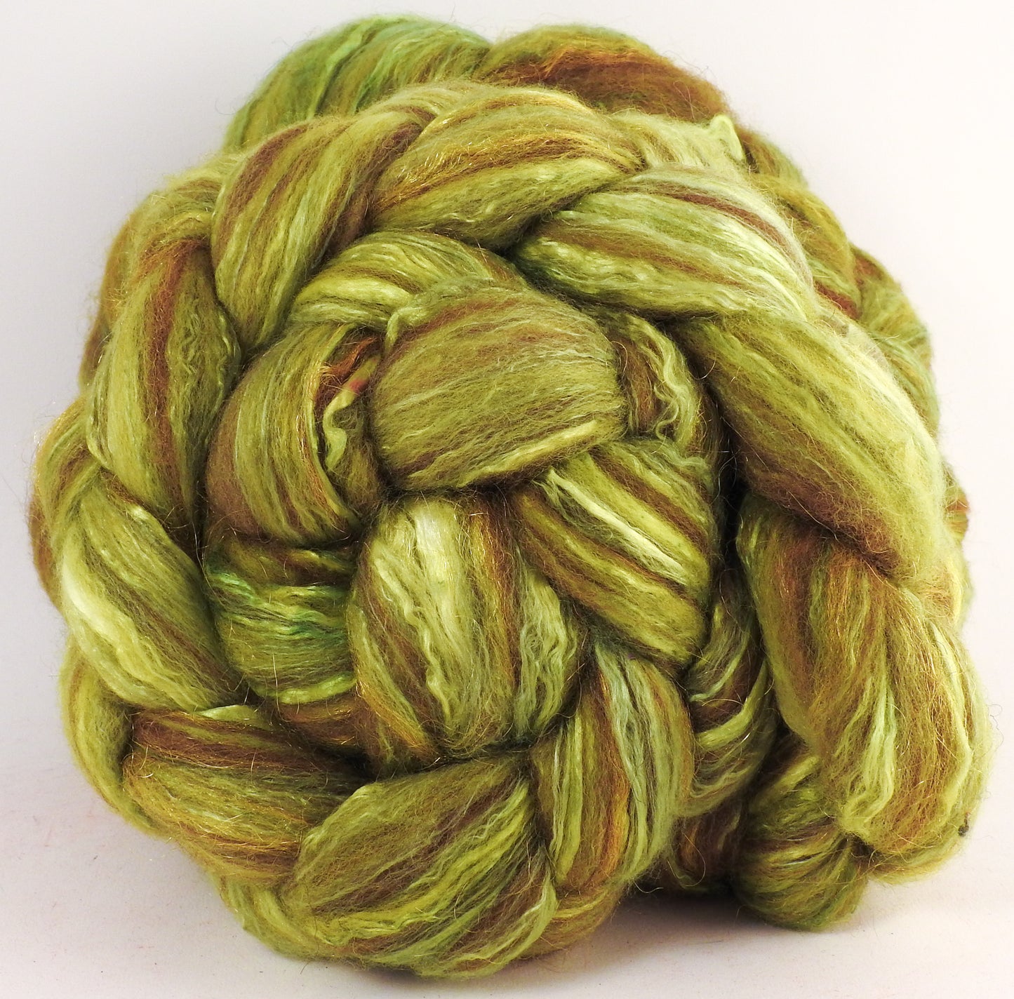 Batt in a Braid #7 - Asparagus - Polwarth/ Manx / Mulberry silk/ Firestar (30/30/30/10) - Inglenook Fibers