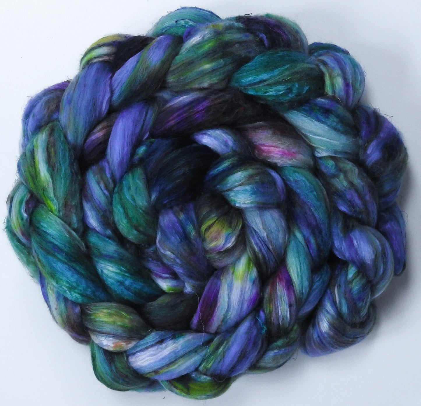 Nympheas (5.5 oz) - Batt in a Braid #39ish - Falkland Merino/ Mulberry Silk / Sari Silk (60/25/15)