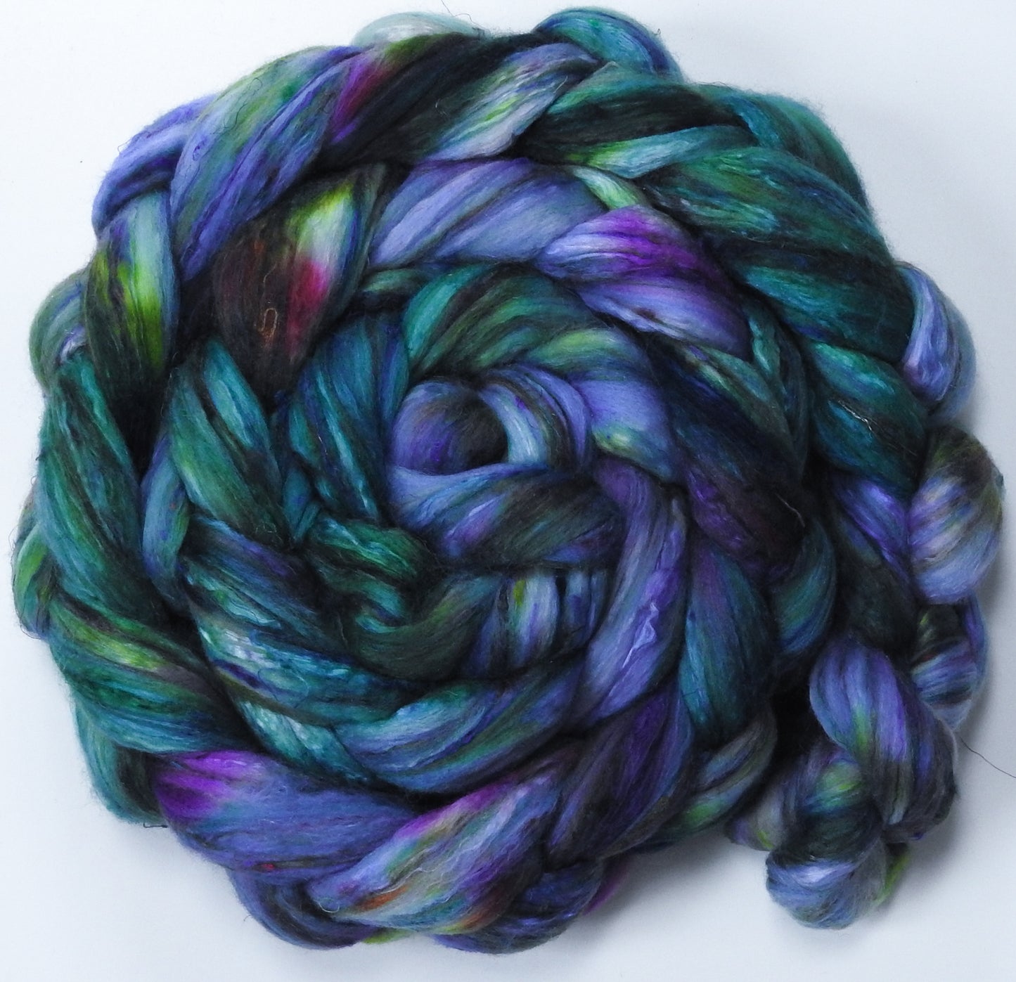 Nympheas (5.5 oz) - Batt in a Braid #39ish - Falkland Merino/ Mulberry Silk / Sari Silk (60/25/15)