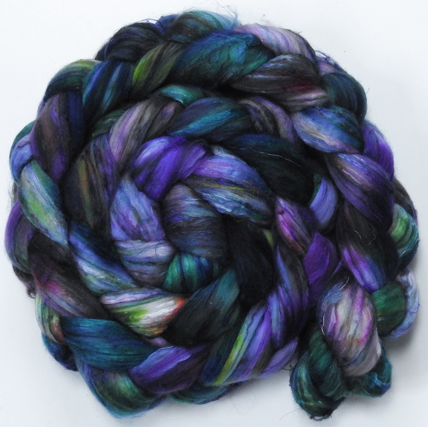 Nympheas (5.5 oz) - Batt in a Braid #39ish - Falkland Merino/ Mulberry Silk / Sari Silk (60/25/15)