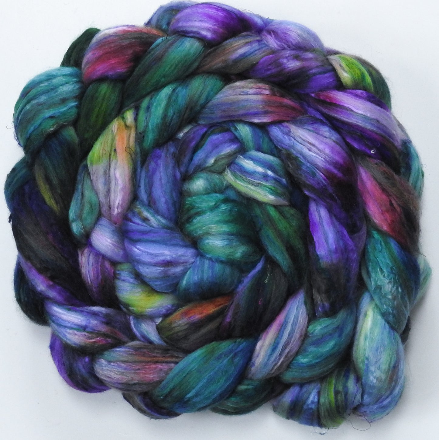 Nympheas (5.5 oz) - Batt in a Braid #39ish - Falkland Merino/ Mulberry Silk / Sari Silk (60/25/15)