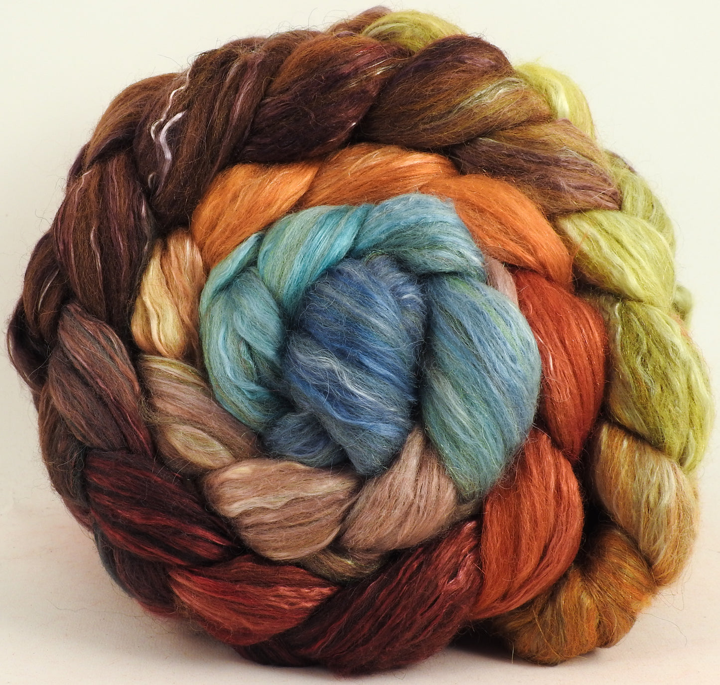 Squirrel's Pantry (5.7 oz) - Batt in a Braid #31 - Polwarth/ Mulberry Silk / Baby Alpaca / Rainbow Firestar/ Tencel( 40/25/15/10/10)