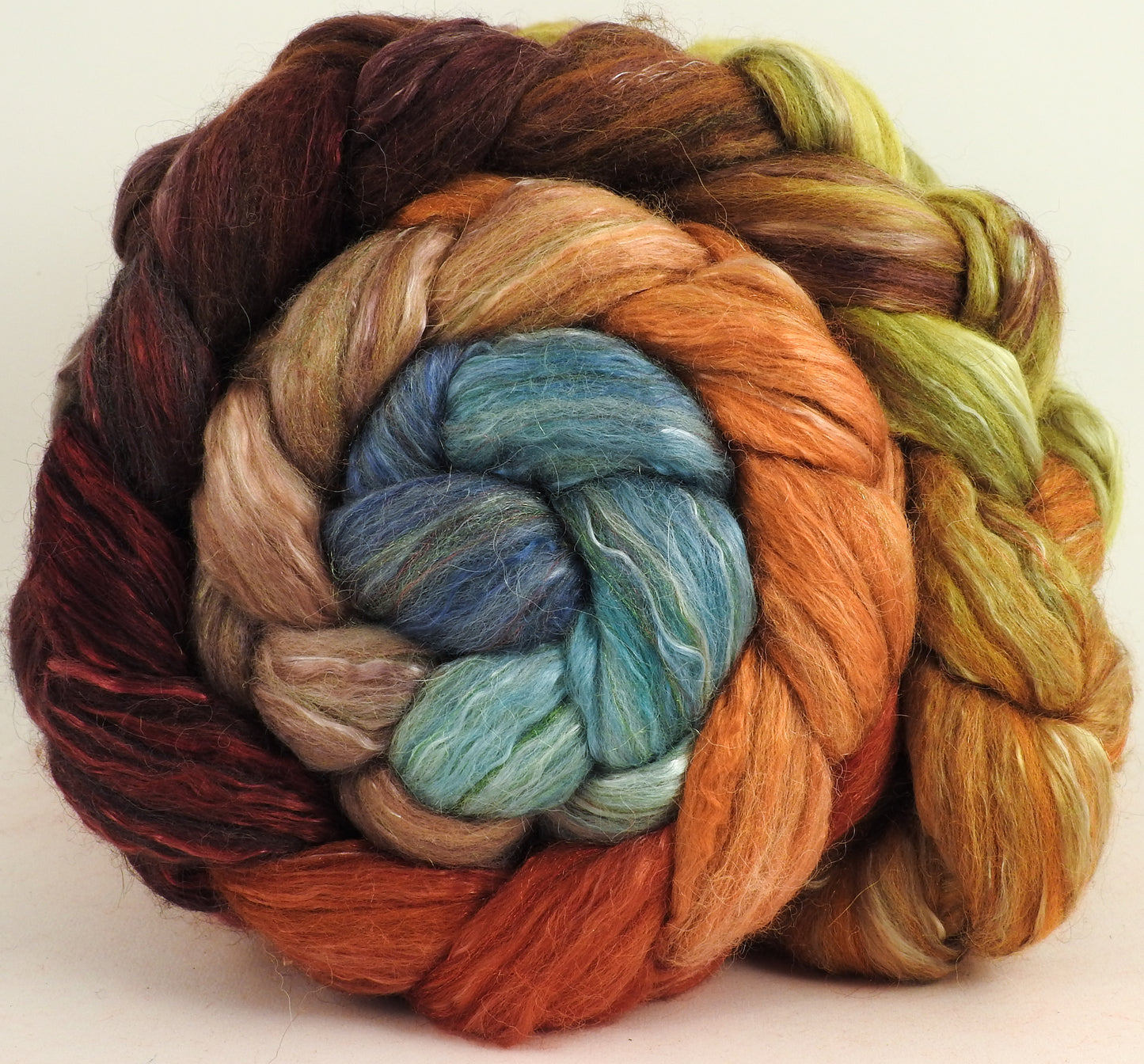 Squirrel's Pantry (5.7 oz) - Batt in a Braid #31 - Polwarth/ Mulberry Silk / Baby Alpaca / Rainbow Firestar/ Tencel( 40/25/15/10/10)