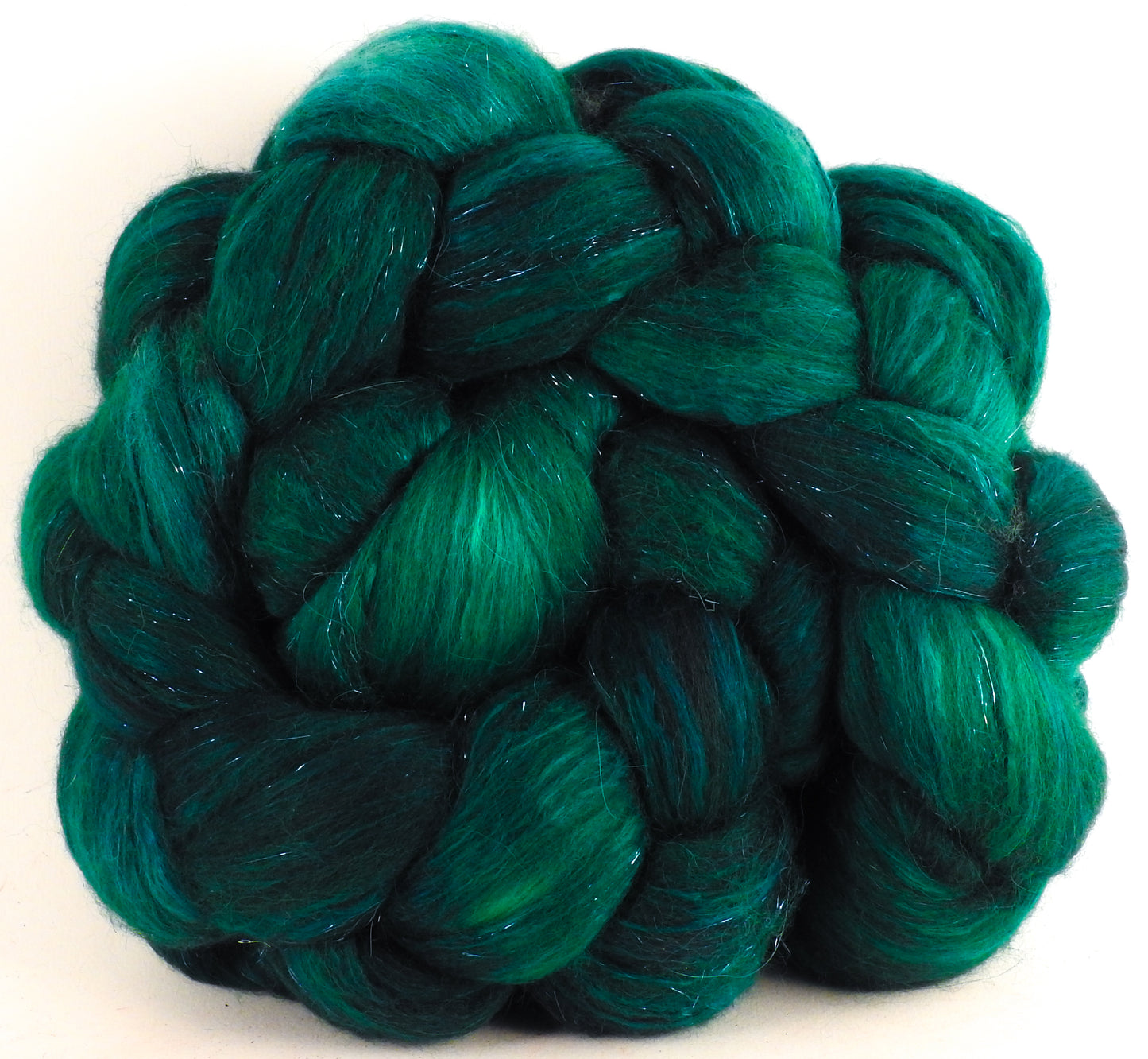 Batt in a Braid #41 - Malachite - (4.7 oz.) Llama / Merino ( 18 mic.)/ Mulberry silk/ Stellina (40/30/25/5) - Inglenook Fibers