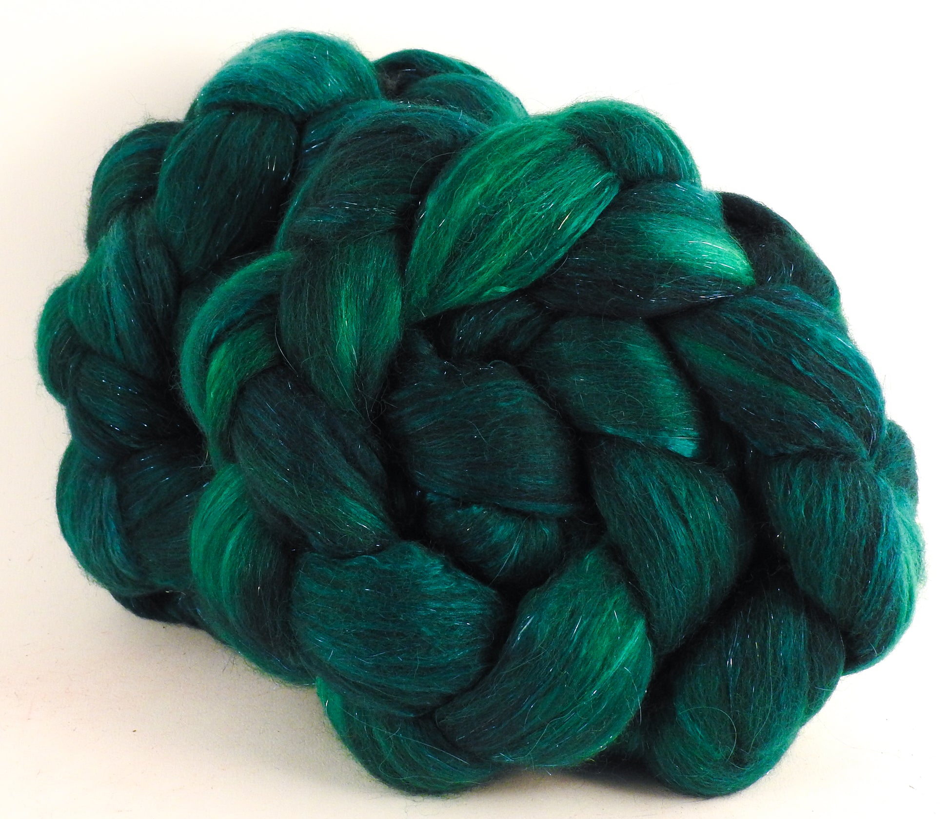 Batt in a Braid #41 - Malachite - (4.7 oz.) Llama / Merino ( 18 mic.)/ Mulberry silk/ Stellina (40/30/25/5) - Inglenook Fibers