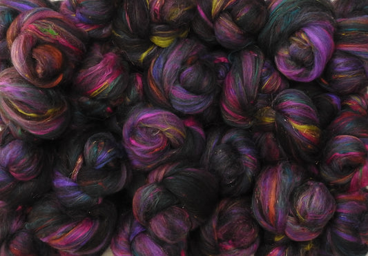 Eclipse - Sparkle Sticklebatts -(4 oz) Black Romney/Corriedale fleece, merino, silk, Black Welsh, bamboo, sari silk, ANGELINA