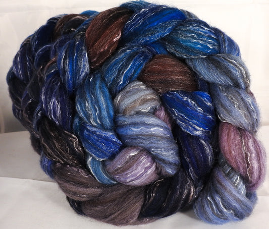 Batt in a Braid #2 - Stellar's Jay -(5.1 oz.)Polwarth/ Manx / Black tussah silk/ tencel (40/20/20/20) - Inglenook Fibers