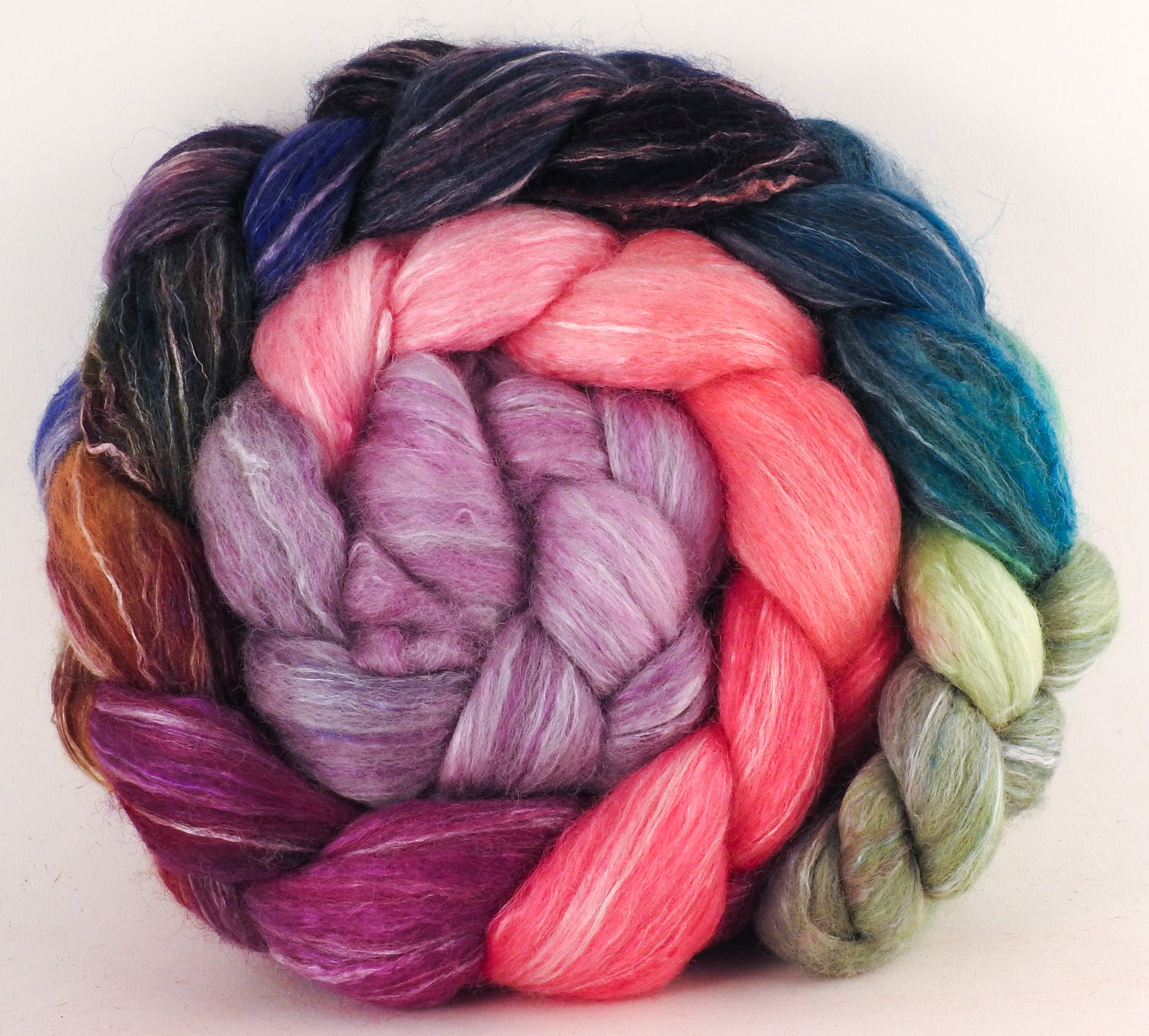 Batt in a Braid #45 - Color Me Happy (5.5 oz.) - Corriedale/Mulberry Silk/Rose Fiber (60/20/20) - Inglenook Fibers