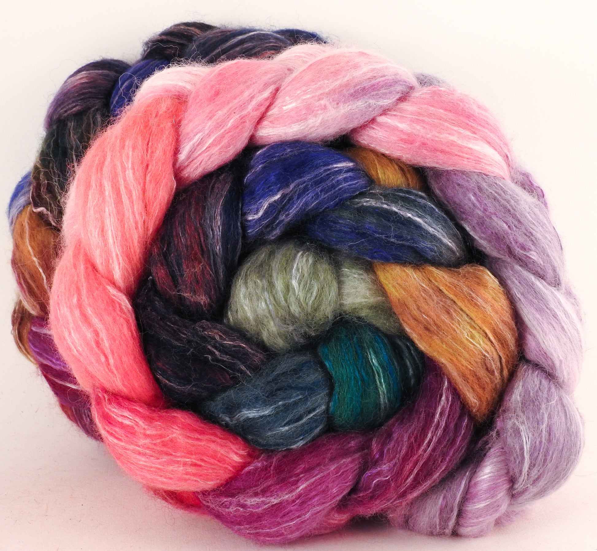 Batt in a Braid #45 - Color Me Happy (5.5 oz.) - Corriedale/Mulberry Silk/Rose Fiber (60/20/20) - Inglenook Fibers