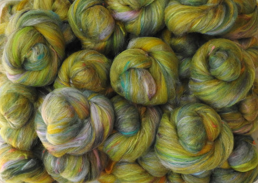 Grasslands (4 oz)- Non-Sparkle Sticklebatts -Merino, Rambouillet, Yak, faux cashmere, Silk, bamboo, FLAX, silk noil