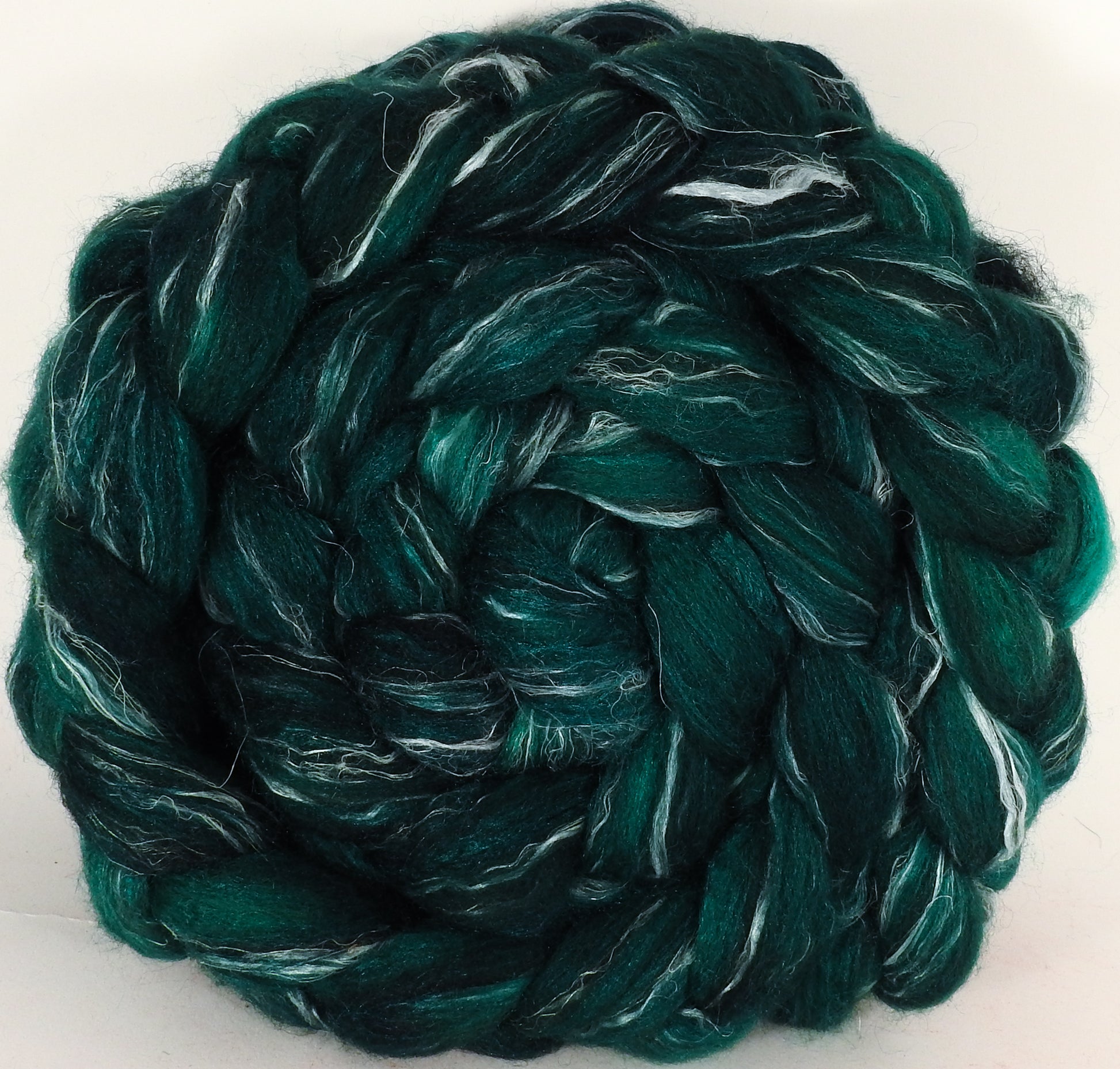 Batt in a Braid #32- Malachite -(5.5 oz)  Manx Loaghtan/ Wht Bfl / Tussah Silk/ Flax( 30/30/30/10) - Inglenook Fibers