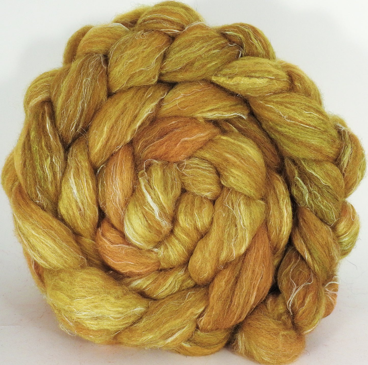 Batt in a Braid #38 - Sunflower - (5.6 oz.) Shetland/ Falkland Merino / tussah silk/ flax (40/25/25/10) - Inglenook Fibers