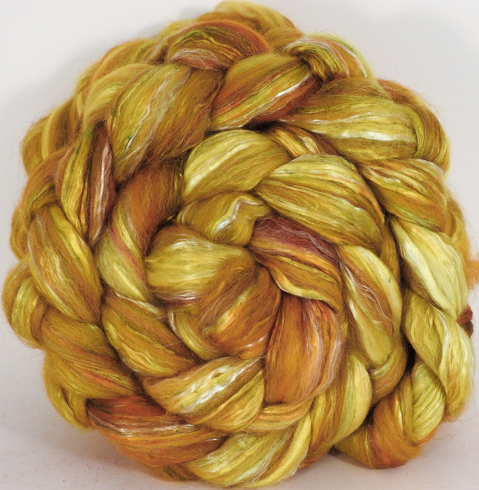 Batt in a Braid #31- Sunflower -( 5.4 oz. ) - Polwarth/ Mulberry Silk / Baby Alpaca / Rainbow Firestar/ Tencel( 40/25/15/10/10) - Inglenook Fibers