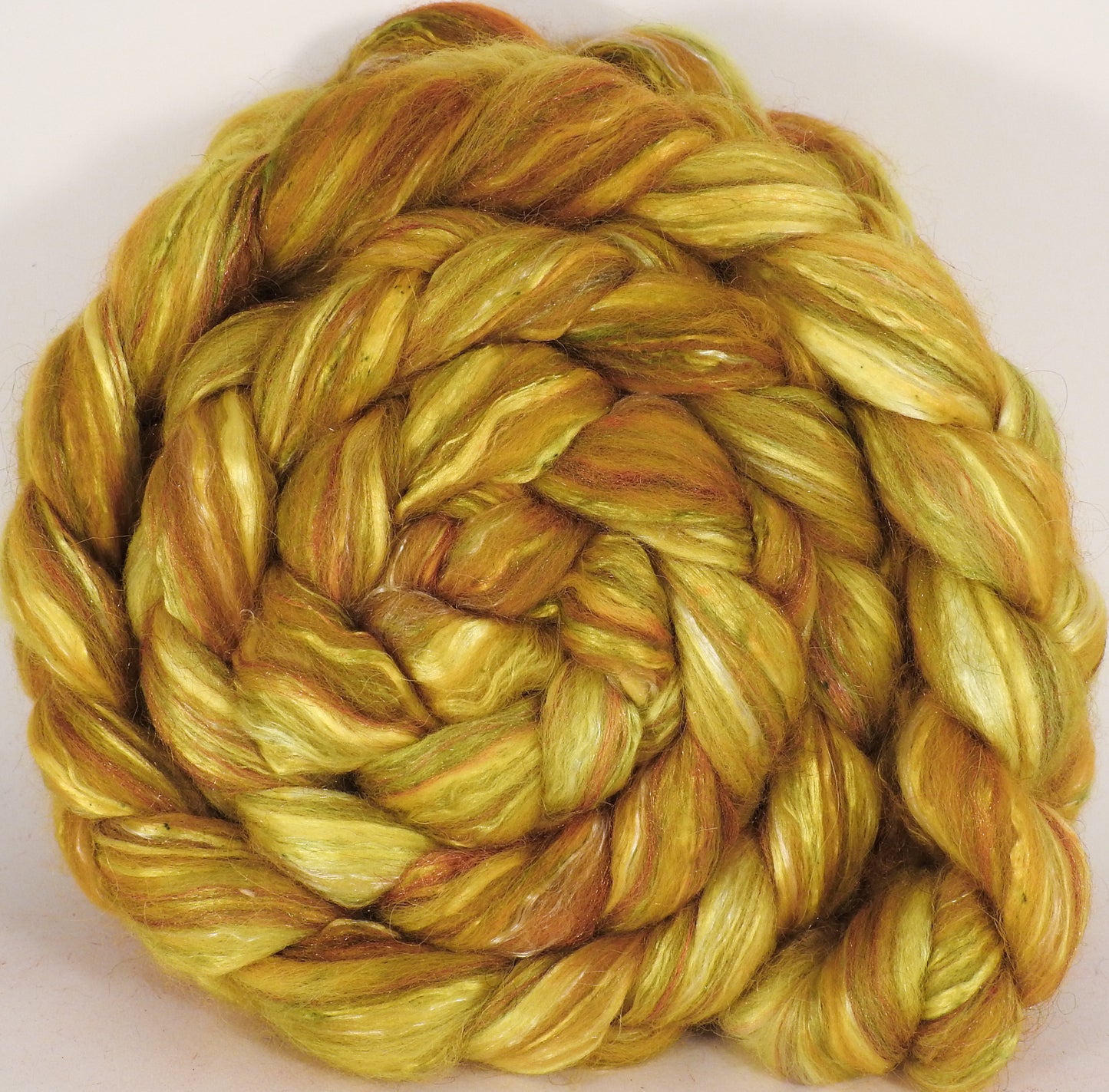 Batt in a Braid #31- Sunflower -( 5.4 oz. ) - Polwarth/ Mulberry Silk / Baby Alpaca / Rainbow Firestar/ Tencel( 40/25/15/10/10) - Inglenook Fibers