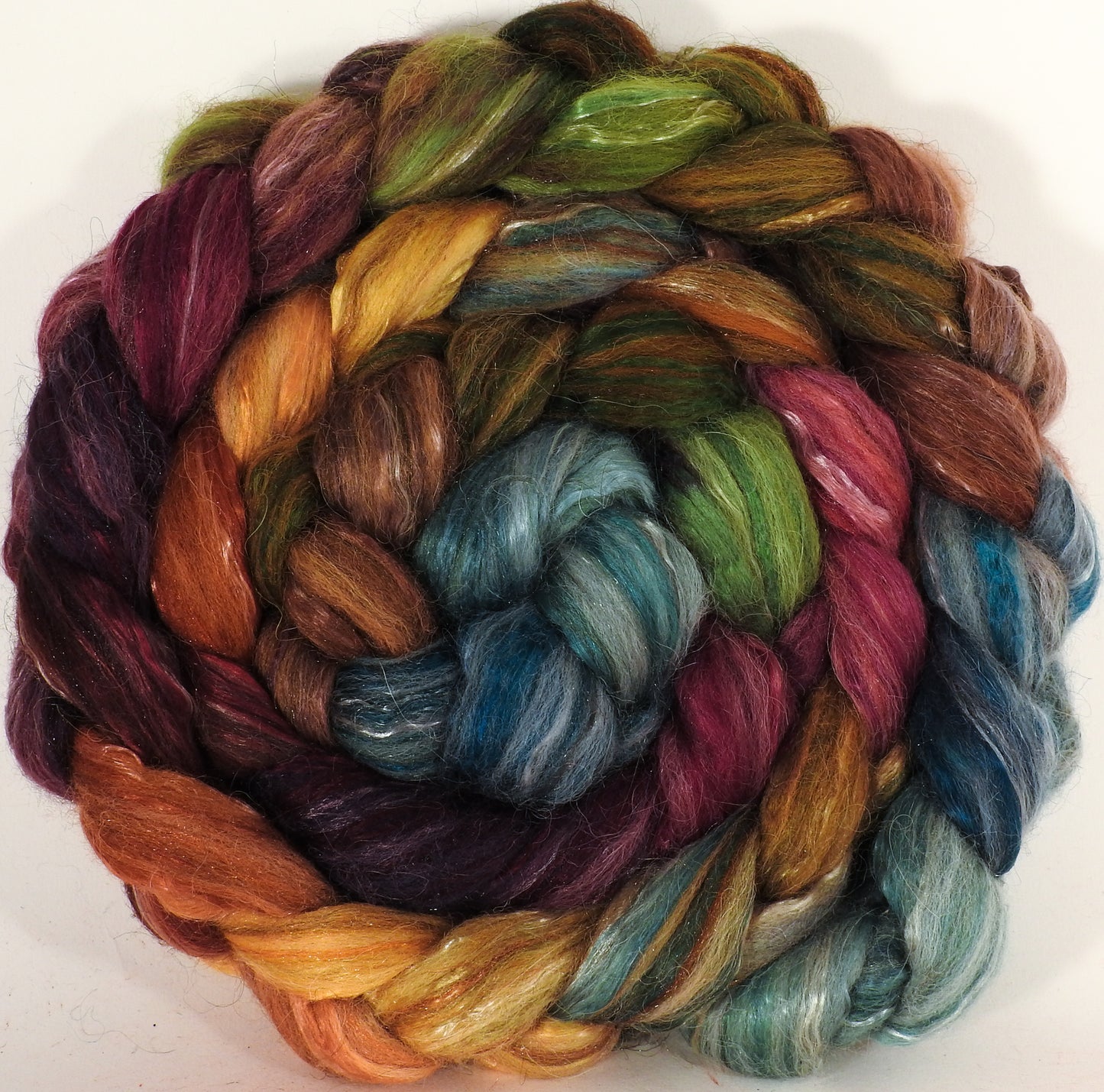 Batt in a Braid #31- Farmer's Market -(6.3 oz.) - Polwarth/ Mulberry Silk / Baby Alpaca / Rainbow Firestar/ Tencel( 40/25/15/10/10) - Inglenook Fibers