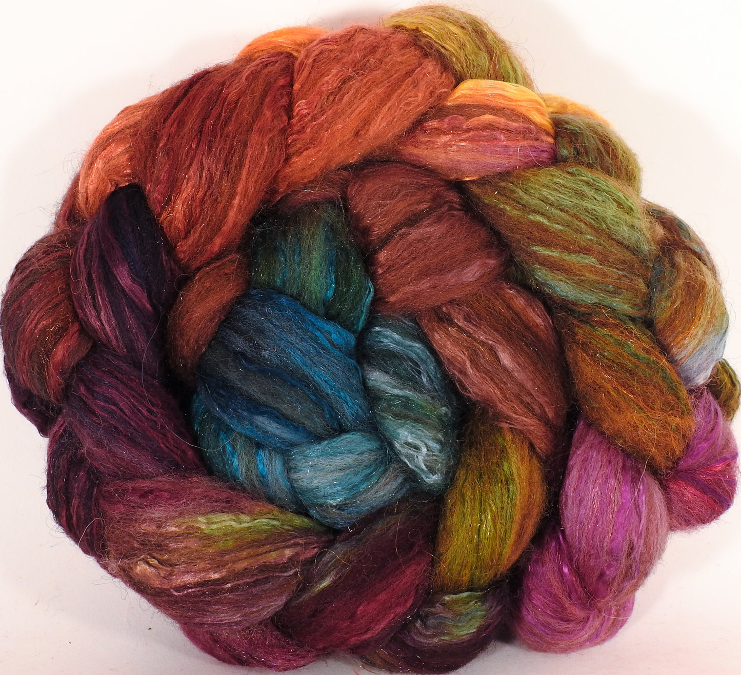 Batt in a Braid #7- Farmer's Market - (5.4 oz.)Polwarth/ Manx / Mulberry silk/ Firestar (30/30/30/10) - Inglenook Fibers