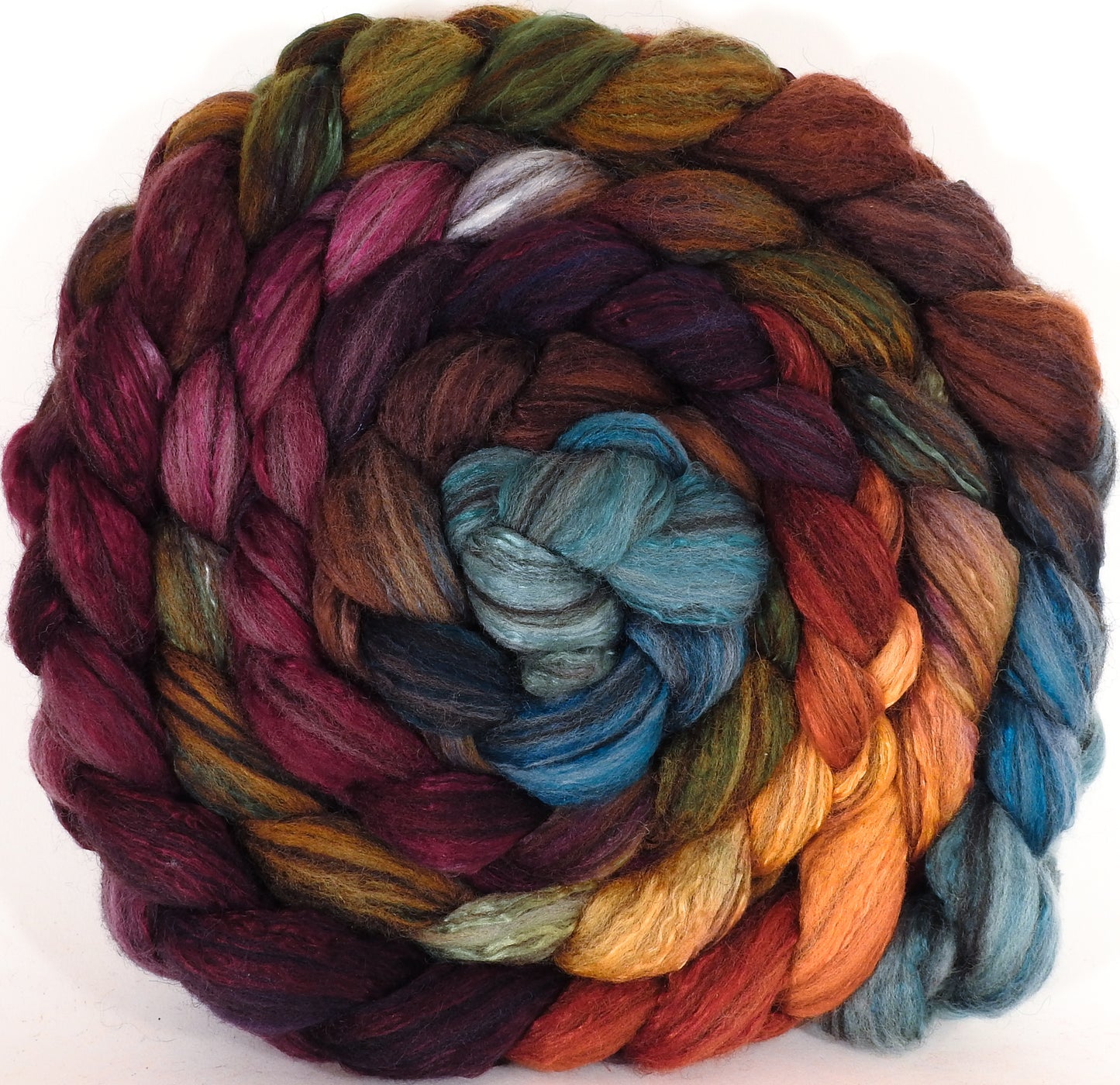 Batt in a Braid #47 - Farmer's Market (6.3 oz) - Polwarth/ Zwartbles / Mulberry silk (50/25/25) - Inglenook Fibers