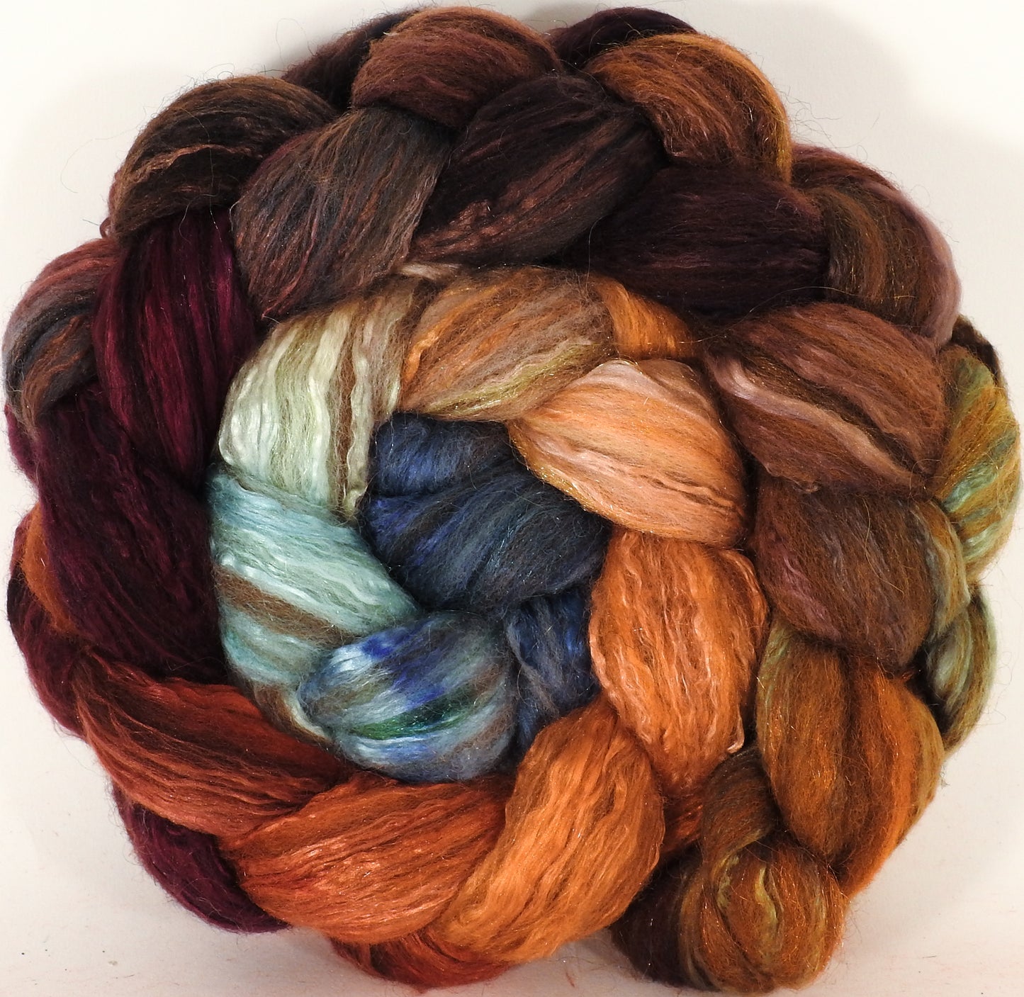 Batt in a Braid #7-Squirrel's Pantry- (5.2 oz.)Polwarth/ Manx / Mulberry silk/ Firestar (30/30/30/10) - Inglenook Fibers