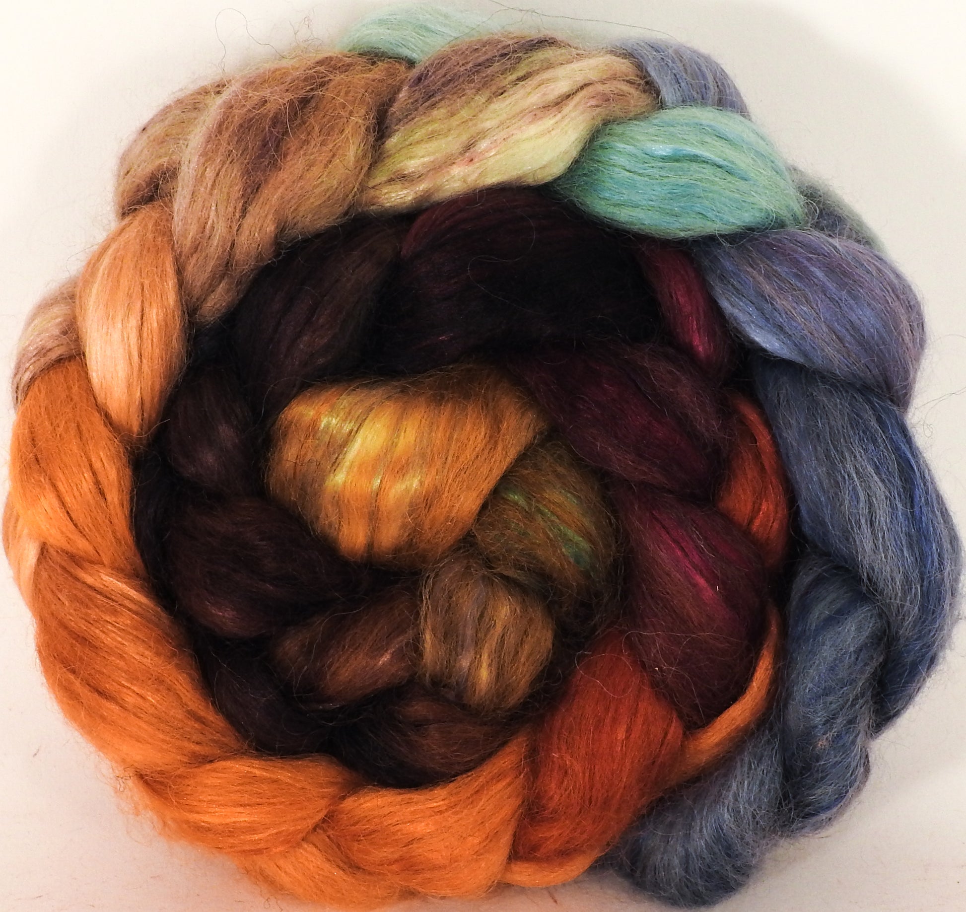 Hand-dyed wensleydale/ mulberry silk roving ( 65/35) -Squirrel's Pantry - ( 6.3 oz.) - Inglenook Fibers