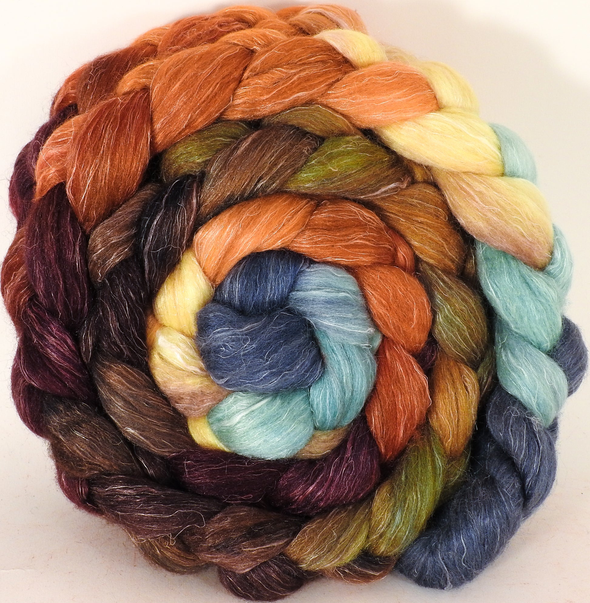 Batt in a Braid #3- Squirrel's Pantry - (5.2 oz) - Polwarth/ Tussah Silk/ Flax (40/40/20) - Inglenook Fibers