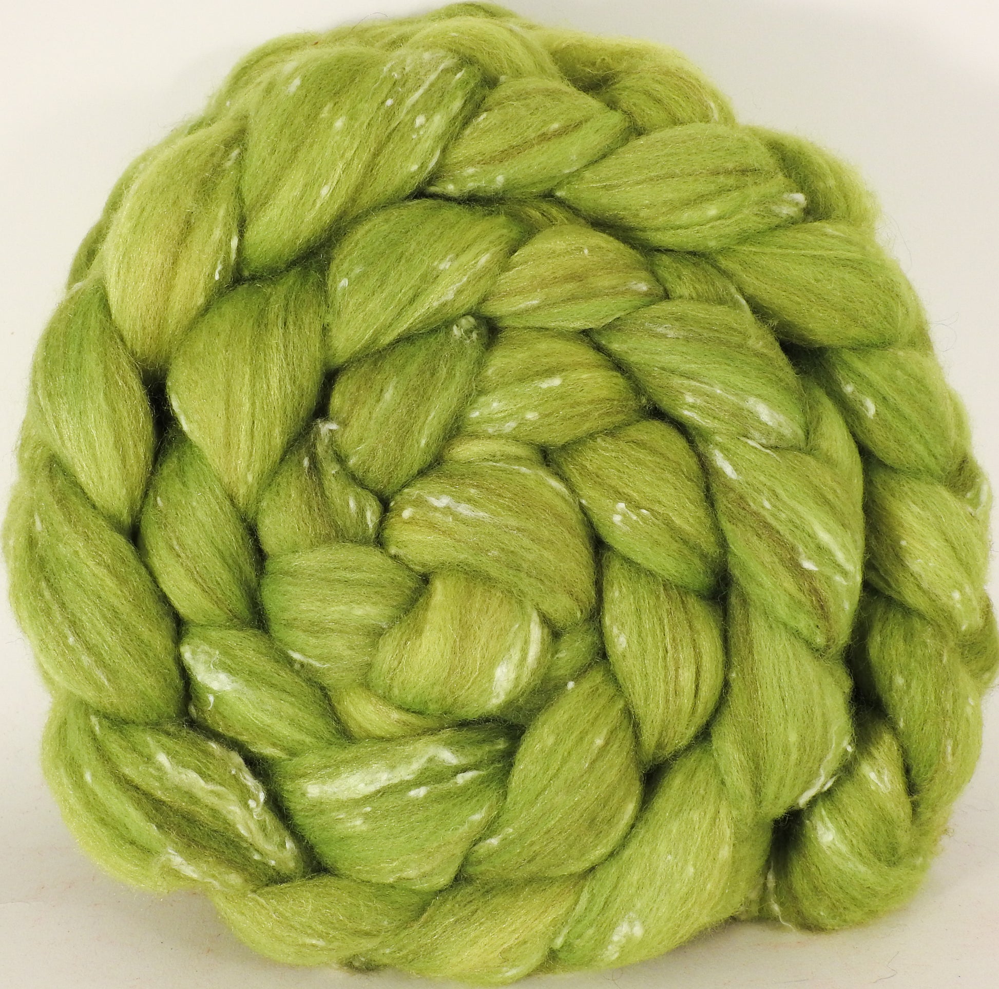 Batt in a Braid #42- Inchworm -(5.4 oz)  Polwarth/ Tweed Blend / Peduncle&Tussah Silk( 50/25/25) - Inglenook Fibers