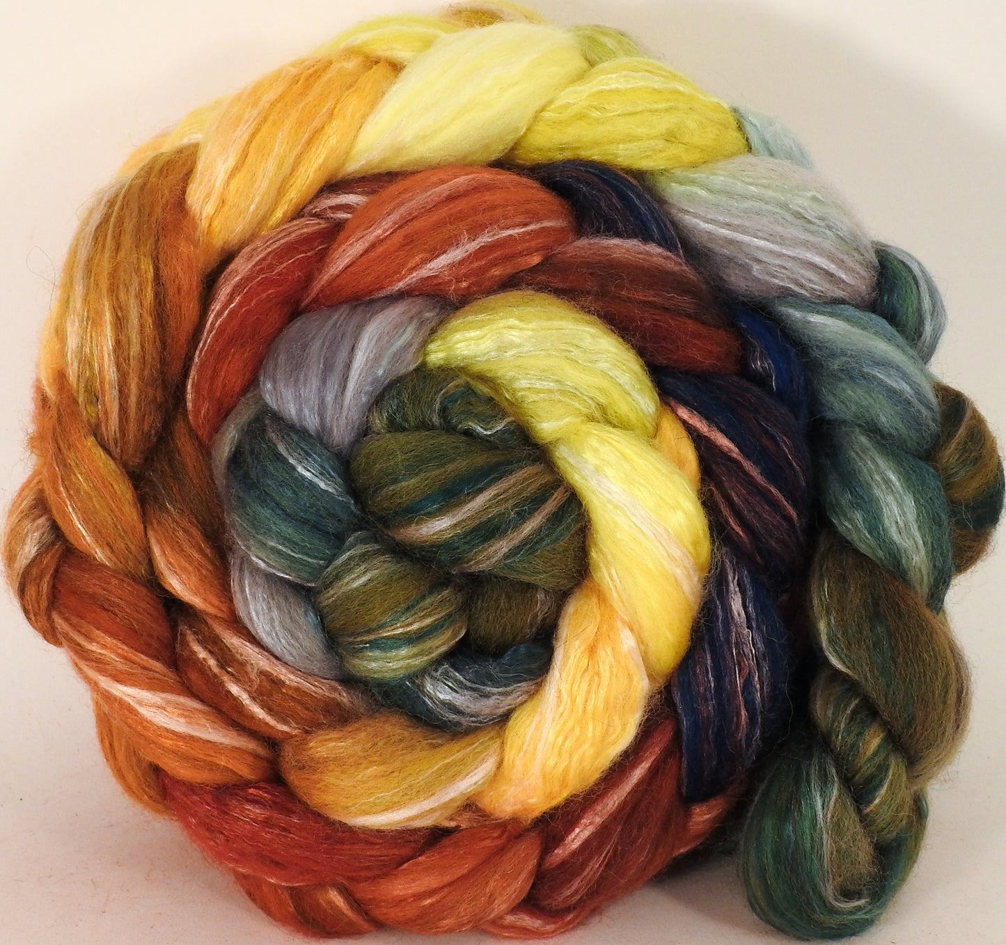 Batt in a Braid #45 -Gourds - Corriedale/Mulberry Silk/Rose Fiber (60/20/20) - Inglenook Fibers