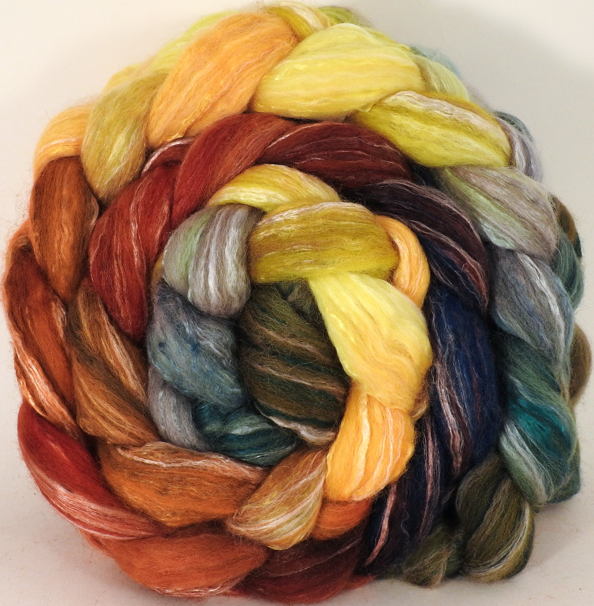 Batt in a Braid #45 -Gourds - Corriedale/Mulberry Silk/Rose Fiber (60/20/20) - Inglenook Fibers