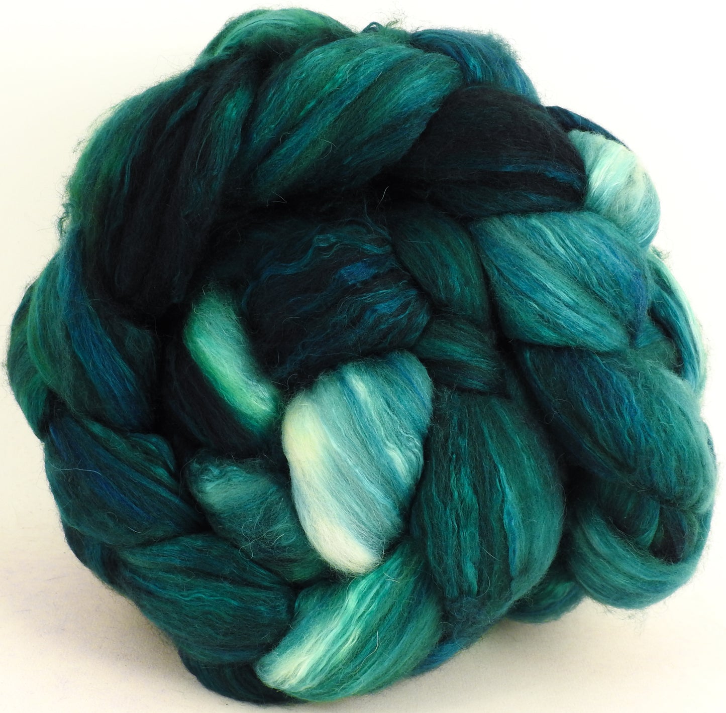Malachite (5.5 oz) - Batt in a Braid #5- Merino/ Camel/ silk/ faux cashmere/ firestar (25/25/25/12/12)